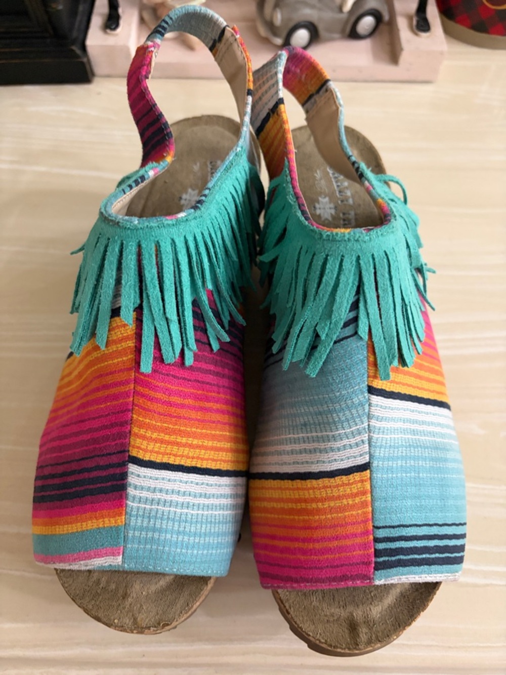 Crazy Train Multi-Color Striped Fringe Slingback Sandals with Turquoise Fringe